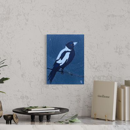 Magpie on wire fence. Navy blue background with white decorative dots. 