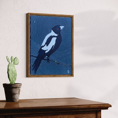 Magpie on wire fence. Navy blue background with white decorative dots. 