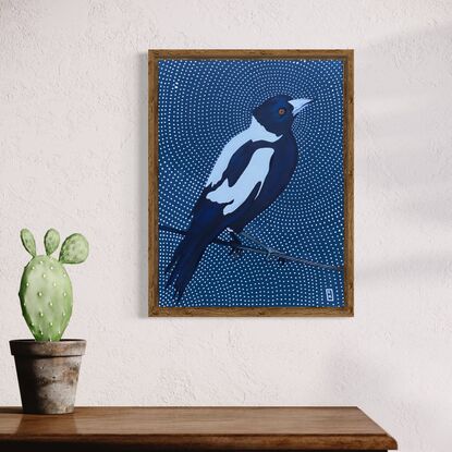 Magpie on wire fence. Navy blue background with white decorative dots. 