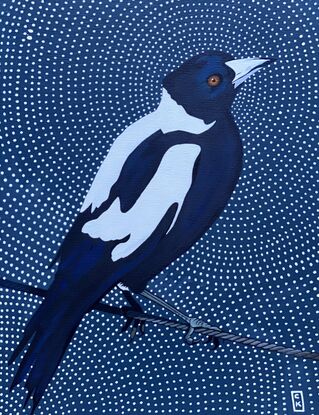 Magpie on wire fence. Navy blue background with white decorative dots. 