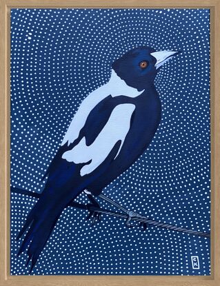 Magpie on wire fence. Navy blue background with white decorative dots. 