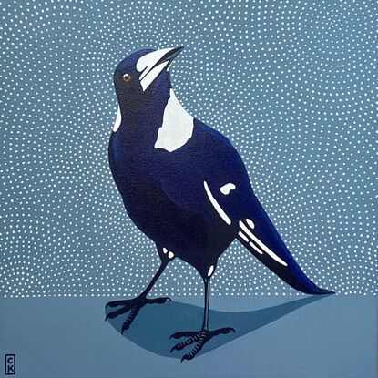 Black and blue toned magpie on pale blue background with white dot patterned background. 