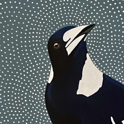 Black and blue toned magpie on pale blue background with white dot patterned background. 