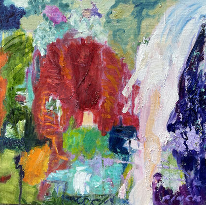 An abstract oil painting featuring a little blue house, in a landscape of red, green, purple and white.