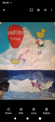 My work depicts two large, colourful hot air balloons manned by fantasy figures catching large fish out of the surf.