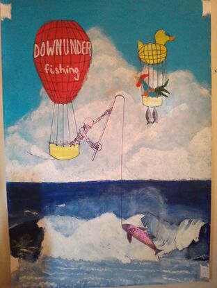 My work depicts two large, colourful hot air balloons manned by fantasy figures catching large fish out of the surf.