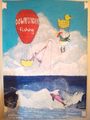 My work depicts two large, colourful hot air balloons manned by fantasy figures catching large fish out of the surf.