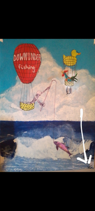 My work depicts two large, colourful hot air balloons manned by fantasy figures catching large fish out of the surf.