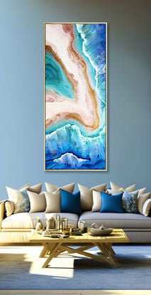 ABSTRACT painting that gives the impression of soothing ocean waves lapping in to soft sandy beach  of a tropical cay with slow easy waves creating crests of white..  The intricate mosaic pattern within the tonal blue hues and tones of deep and light aquamarine  plus the glimmering metallics adds added interest and intrigue...and a sense of motion
The closer you get to the painting the more of the interesting details and patterns you can see. Metallics add an extra depth because the painting changes personality when one views from different angles.
although it is an impressionistic abstract, it still has a sense of motion of waves moving and frothing white shoreline!