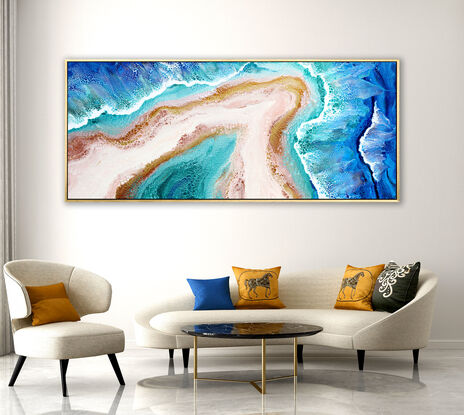 ABSTRACT painting that gives the impression of soothing ocean waves lapping in to soft sandy beach  of a tropical cay with slow easy waves creating crests of white..  The intricate mosaic pattern within the tonal blue hues and tones of deep and light aquamarine  plus the glimmering metallics adds added interest and intrigue...and a sense of motion
The closer you get to the painting the more of the interesting details and patterns you can see. Metallics add an extra depth because the painting changes personality when one views from different angles.
although it is an impressionistic abstract, it still has a sense of motion of waves moving and frothing white shoreline!