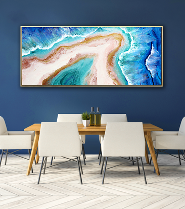 ABSTRACT painting that gives the impression of soothing ocean waves lapping in to soft sandy beach  of a tropical cay with slow easy waves creating crests of white..  The intricate mosaic pattern within the tonal blue hues and tones of deep and light aquamarine  plus the glimmering metallics adds added interest and intrigue...and a sense of motion
The closer you get to the painting the more of the interesting details and patterns you can see. Metallics add an extra depth because the painting changes personality when one views from different angles.
although it is an impressionistic abstract, it still has a sense of motion of waves moving and frothing white shoreline!