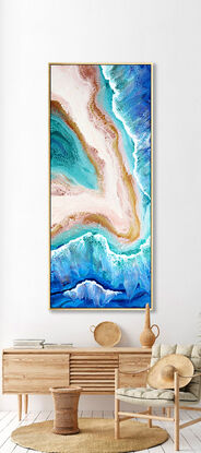 ABSTRACT painting that gives the impression of soothing ocean waves lapping in to soft sandy beach  of a tropical cay with slow easy waves creating crests of white..  The intricate mosaic pattern within the tonal blue hues and tones of deep and light aquamarine  plus the glimmering metallics adds added interest and intrigue...and a sense of motion
The closer you get to the painting the more of the interesting details and patterns you can see. Metallics add an extra depth because the painting changes personality when one views from different angles.
although it is an impressionistic abstract, it still has a sense of motion of waves moving and frothing white shoreline!