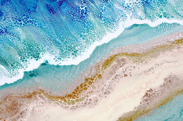 ABSTRACT painting that gives the impression of soothing ocean waves lapping in to soft sandy beach  of a tropical cay with slow easy waves creating crests of white..  The intricate mosaic pattern within the tonal blue hues and tones of deep and light aquamarine  plus the glimmering metallics adds added interest and intrigue...and a sense of motion
The closer you get to the painting the more of the interesting details and patterns you can see. Metallics add an extra depth because the painting changes personality when one views from different angles.
although it is an impressionistic abstract, it still has a sense of motion of waves moving and frothing white shoreline!