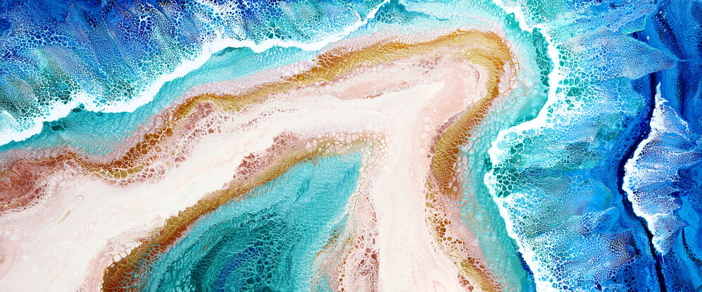 ABSTRACT painting that gives the impression of soothing ocean waves lapping in to soft sandy beach  of a tropical cay with slow easy waves creating crests of white..  The intricate mosaic pattern within the tonal blue hues and tones of deep and light aquamarine  plus the glimmering metallics adds added interest and intrigue...and a sense of motion
The closer you get to the painting the more of the interesting details and patterns you can see. Metallics add an extra depth because the painting changes personality when one views from different angles.
although it is an impressionistic abstract, it still has a sense of motion of waves moving and frothing white shoreline!