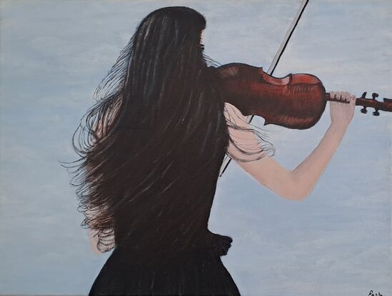 woman playing the violin against a light blue sky. Her back is to us, her long black hair flowing in the wind.