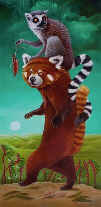 Red Panda and Lemur walking in the landscape