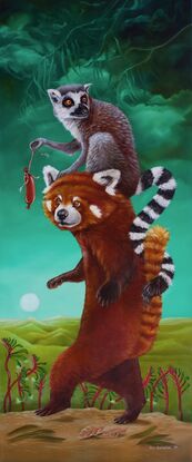 Red Panda and Lemur walking in the landscape