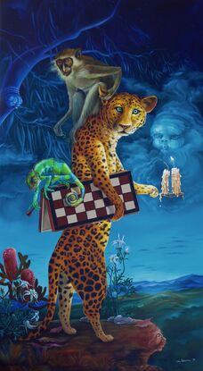 Leopard and Chameleon with chess board walking through night landscape