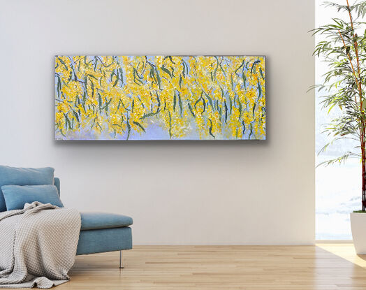 Delicate strands of golden blooms and playful gum green leaves dance across this canvas with a beautiful pale blue sky background. This is a happy vibrant snippet of the bush that you can bring right into your home. 