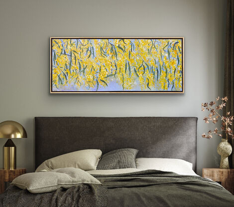 Delicate strands of golden blooms and playful gum green leaves dance across this canvas with a beautiful pale blue sky background. This is a happy vibrant snippet of the bush that you can bring right into your home. 