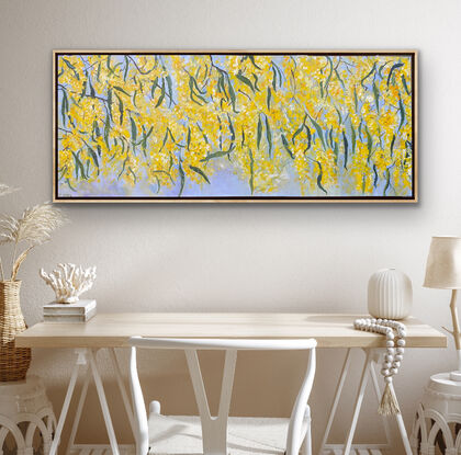 Delicate strands of golden blooms and playful gum green leaves dance across this canvas with a beautiful pale blue sky background. This is a happy vibrant snippet of the bush that you can bring right into your home. 