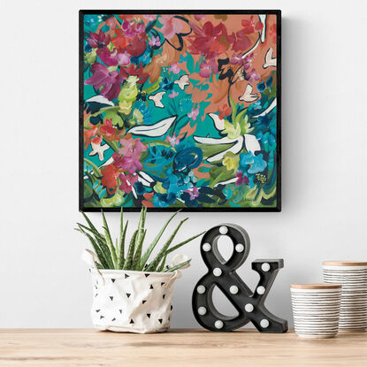 small colourful abstract canvas print of a tropical inspires flower garden landscape with colourful flowers and white birds.