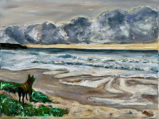 A surreal dog, symbolising love, joy, and awe  surveys a dramatic sky on a moody morning.