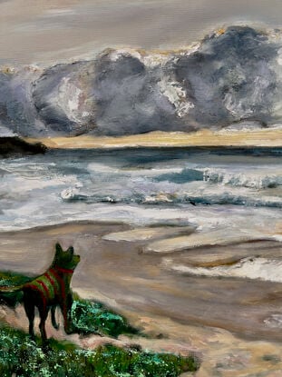 A surreal dog, symbolising love, joy, and awe  surveys a dramatic sky on a moody morning.