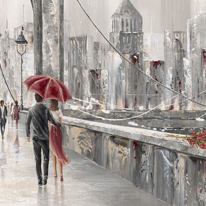 Original Painting of a couple dressed in red walking along the Brooklyn Bridge in London.