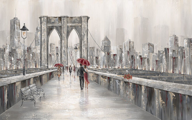 Original Painting of a couple dressed in red walking along the Brooklyn Bridge in London.