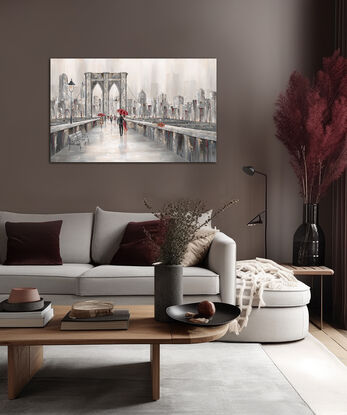 Original Painting of a couple dressed in red walking along the Brooklyn Bridge in London.