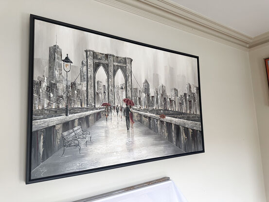 Original Painting of a couple dressed in red walking along the Brooklyn Bridge in London.