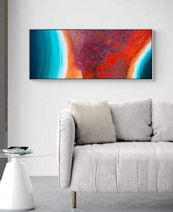 Framed modern abstract seascape print in colourful tones of red, orange and teal.