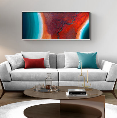 Framed modern abstract seascape print in colourful tones of red, orange and teal.