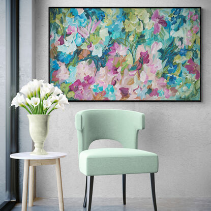 modern colourful abstract canvas print of an expressive floral style of landscape with pink and blue flowers in bloom