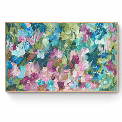 modern colourful abstract canvas print of an expressive floral style of landscape with pink and blue flowers in bloom