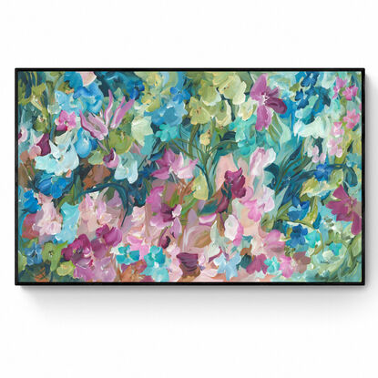 modern colourful abstract canvas print of an expressive floral style of landscape with pink and blue flowers in bloom