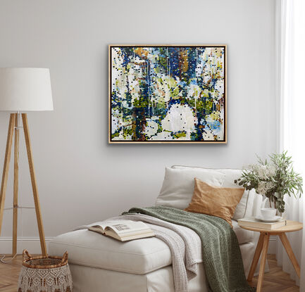 Ochre and sienna colours represent tall trees, vibrant greens of the grass and trees through to the colours of ice and sea water, this is a soft calming abstract that celebrates the natural world in dots, drips and flashes of colour. The framed view is for illustration purposes only. 