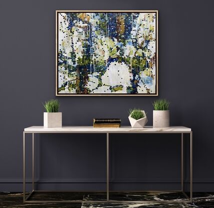 Ochre and sienna colours represent tall trees, vibrant greens of the grass and trees through to the colours of ice and sea water, this is a soft calming abstract that celebrates the natural world in dots, drips and flashes of colour. The framed view is for illustration purposes only. 