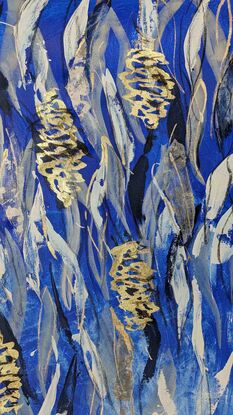 An abstract of Banksia flowers and leaves in delft blue and white with gold leaf.  