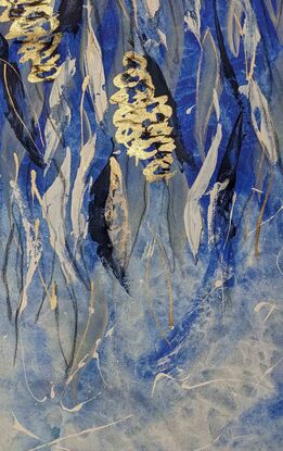 An abstract of Banksia flowers and leaves in delft blue and white with gold leaf.  