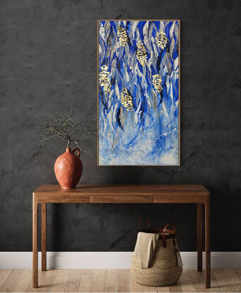 An abstract of Banksia flowers and leaves in delft blue and white with gold leaf.  