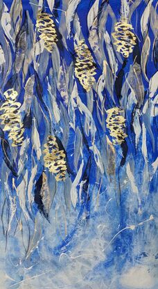 An abstract of Banksia flowers and leaves in delft blue and white with gold leaf.  