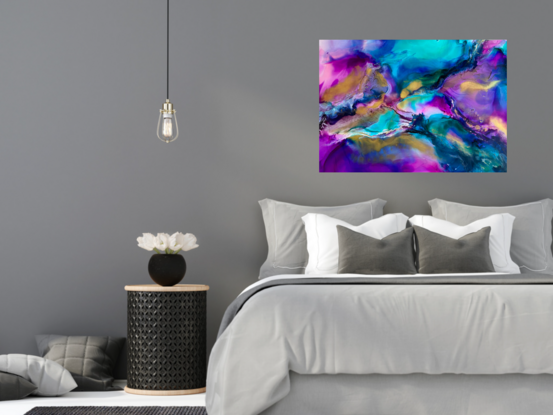 a bold colourful artwork, blues, purples, greens, pinks flow together with pops of bright metallic gold that shimmers in the sunlight