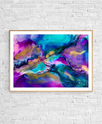 a bold colourful artwork, blues, purples, greens, pinks flow together with pops of bright metallic gold that shimmers in the sunlight