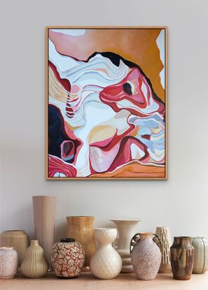 Abstract landscape with organic shapes, lines and colours reminiscent of pink sandstone