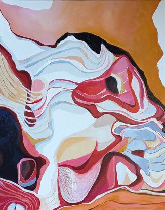 Abstract landscape with organic shapes, lines and colours reminiscent of pink sandstone