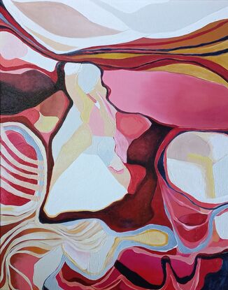 Abstract landscape with organic shapes, lines and colours reminiscent of pink sandstone