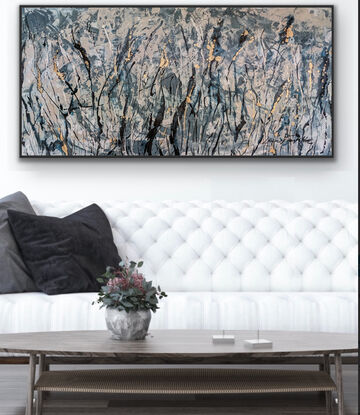 This elegant floral artwork features large intricate blooms and several unopened buds intersperse the full flowers in olive green, grey blue and brown with beige and cream