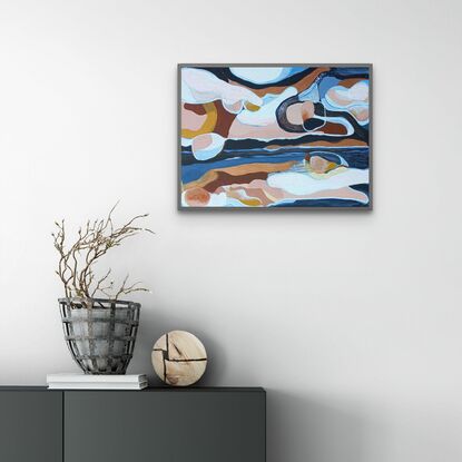 An abstract seascape in colours of blue, copper and nude pink.